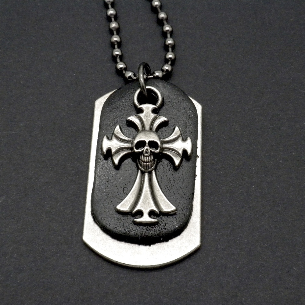 Awesome Genuine Leather Cross Skull Necklace